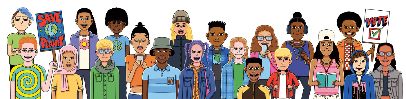 cartoon-style illustration of diverse group of generation z&apos;ers
