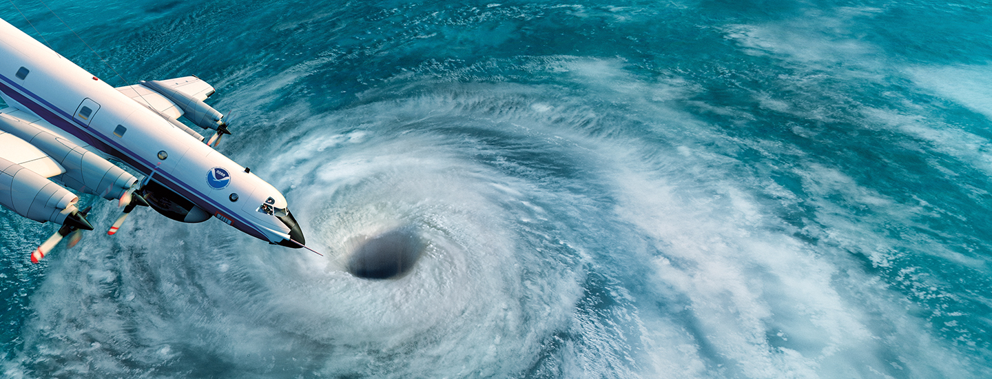 illustration of large research plane flying over eye of a hurricane