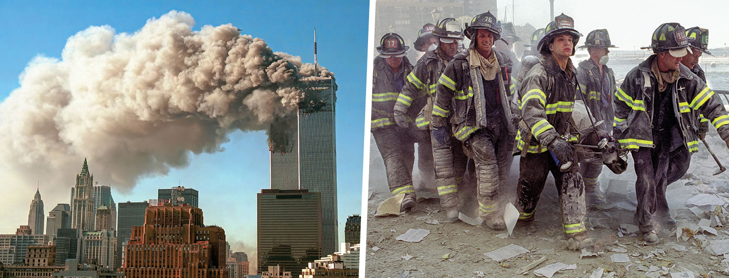 two photos from 9/11, showing the WTC on fire and firefighters carrying a wounded person