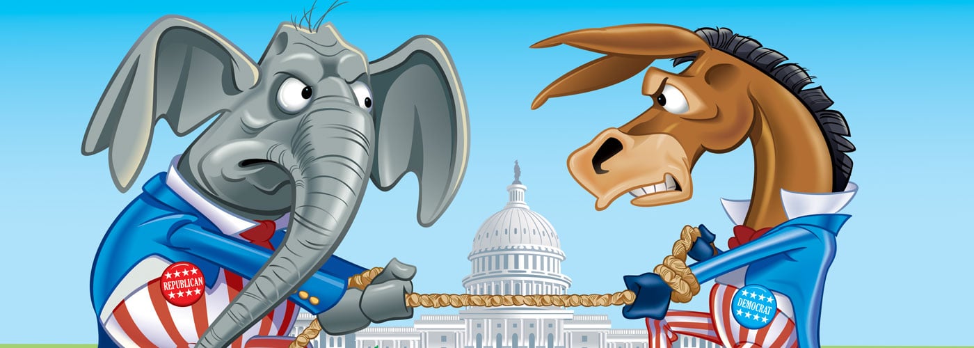 Illustration of an elephant and a donkey wearing red, white, and blue tugging a rope on capital hill
