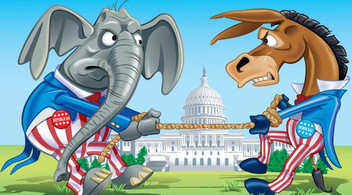 Illustration of an elephant and a donkey wearing red, white, and blue tugging a rope on capital hill