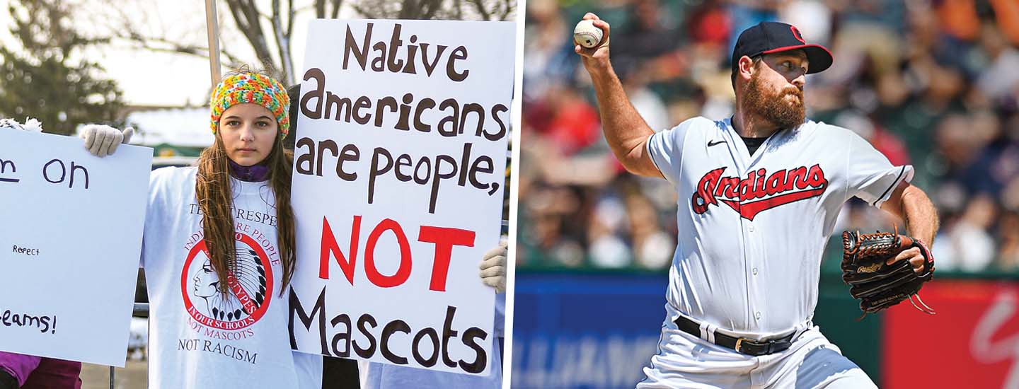 A young woman with signs protesting and a baseball player with "Indians" on his jersey