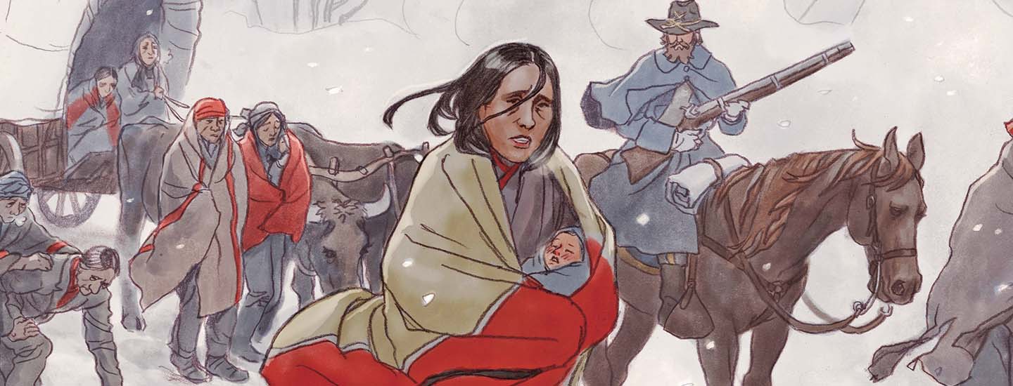 Illustration of a Native American woman holding her baby to her chest as men on horses lead the way