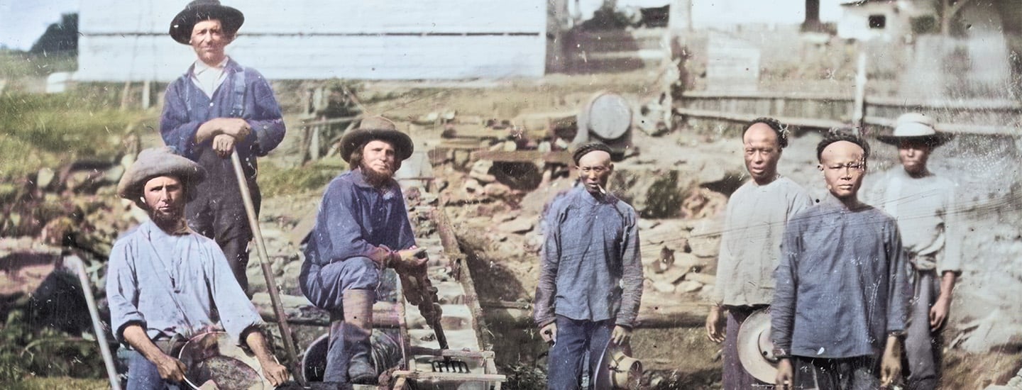 Colorized image of miners from the Gold Rush