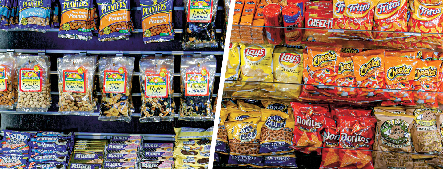 Photo of a variety of processed foods and then a variety of nuts