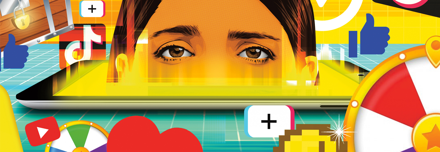 Illustration of a sad pair of eyes surrounded by digital icons