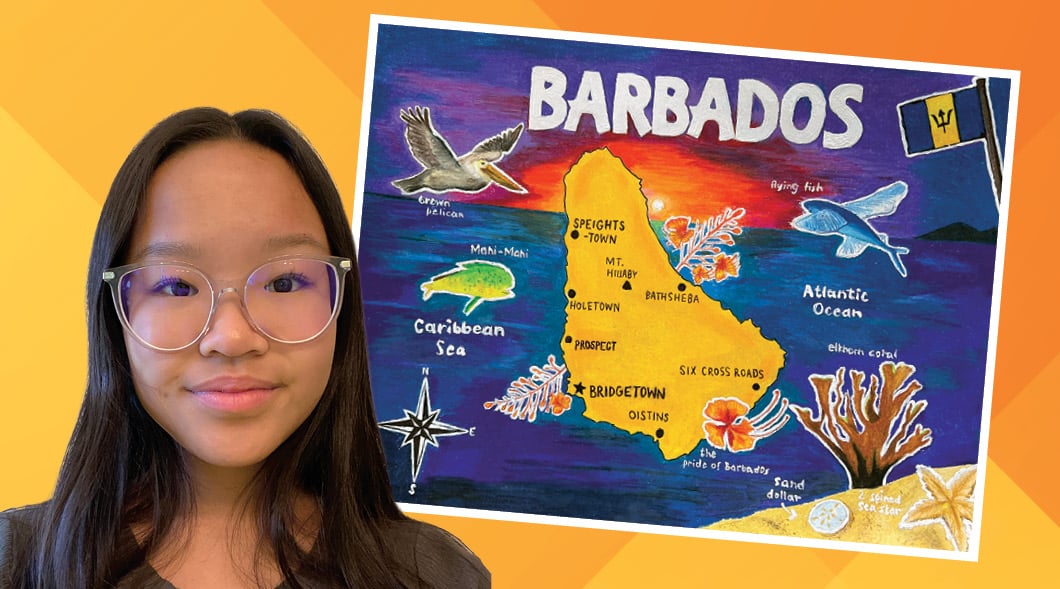 Image of a student next to a poster of Barbados