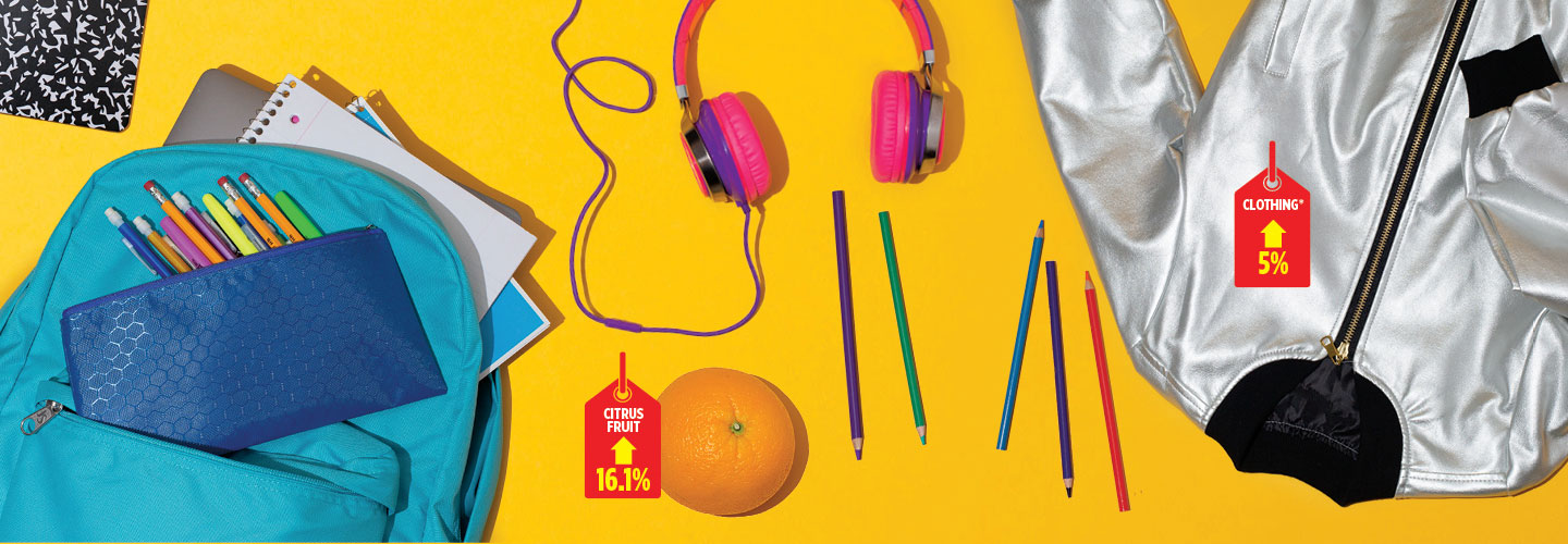 Headphones, backpack, orange, colored pencils, and a silver jacket