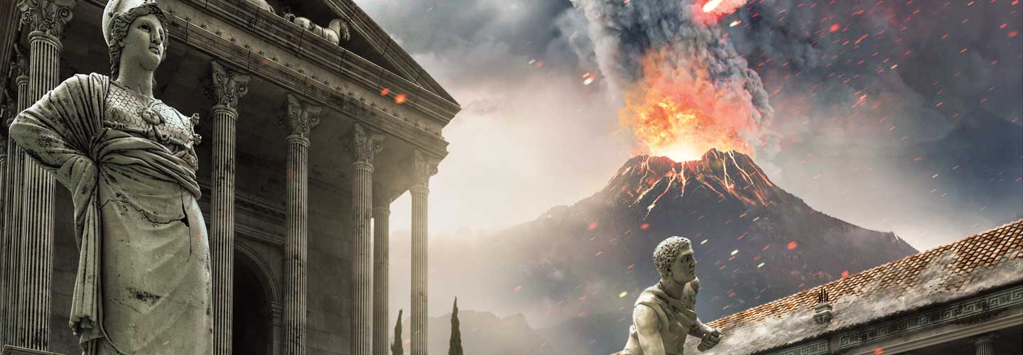 Image of the volcano erupting in ancient Pompeii