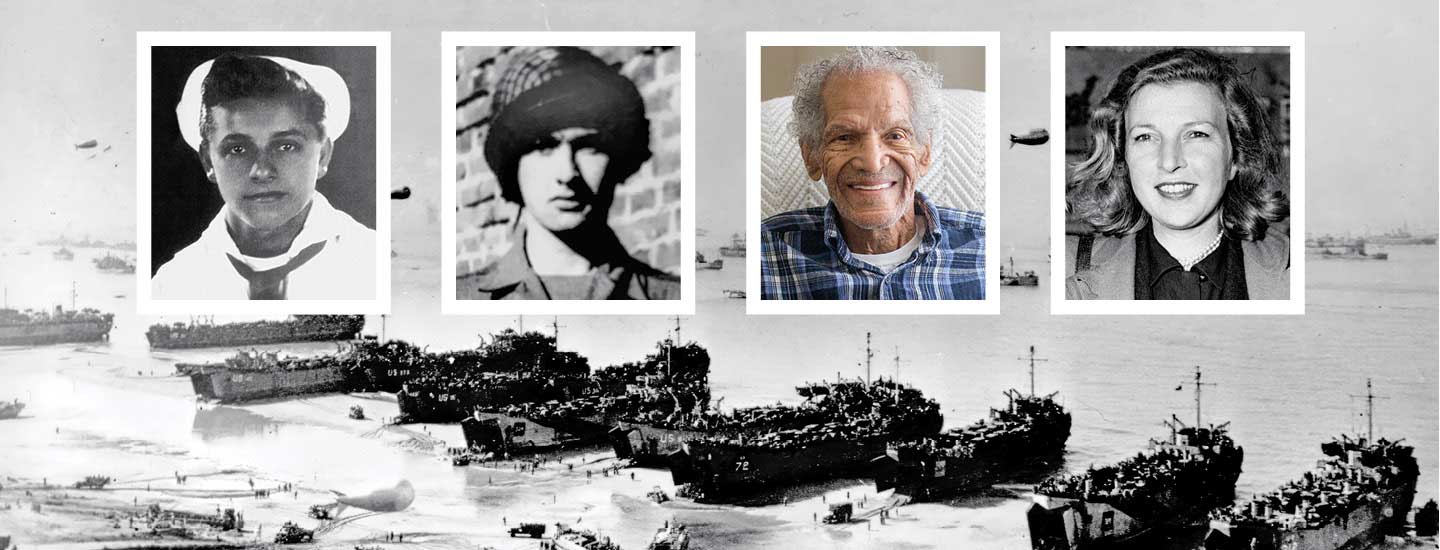 Image of four headshots of people involved in Dday and image of soldiers invading France