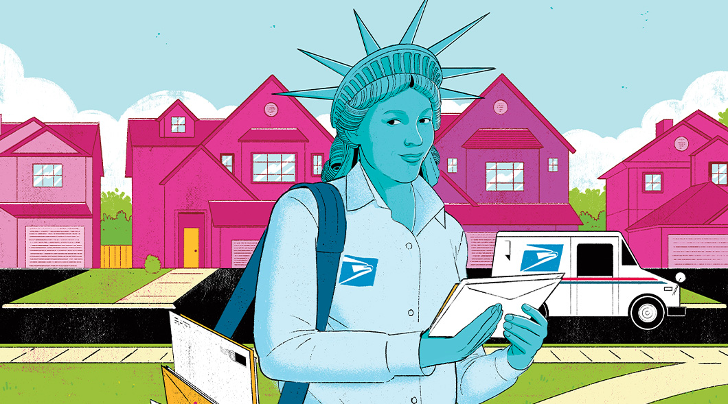 Illustration of the Statue of Liberty dressed as a post office worker