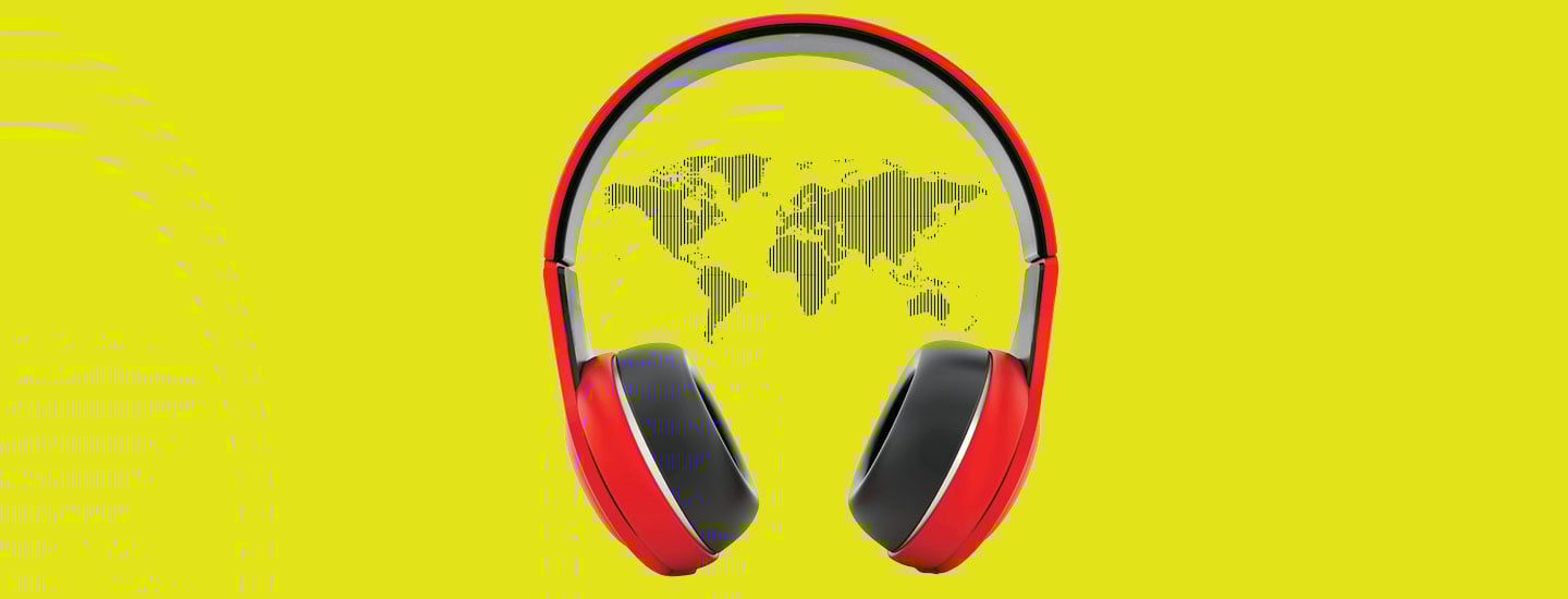 Image of a pair of headphones with map of the world in between