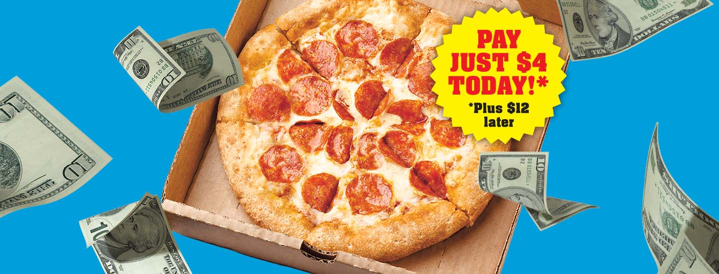 Pepperoni pizza in a box surrounded by dollar bills on a bright blue background
