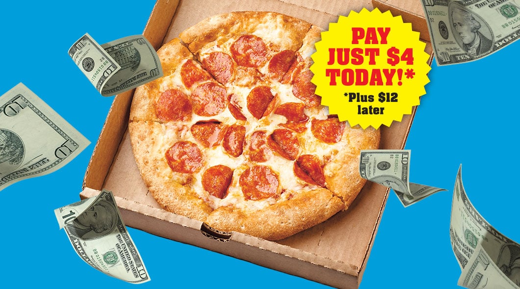 Pepperoni pizza in a box surrounded by dollar bills on a blue background