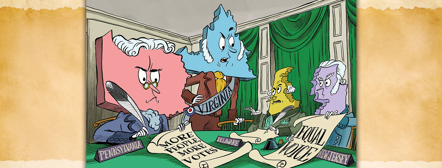 Cartoon states Pennsylvania, Virginia, Delaware, and New Jersey debate scrolls labeled More People More Votes and Equal Voice