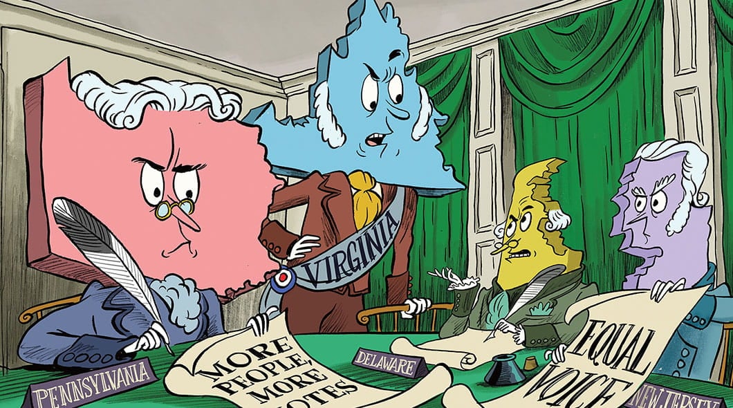 Cartoon of state characters labeled Pennsylvania, Virginia, Delaware, and New Jersey debate voting representation at a table