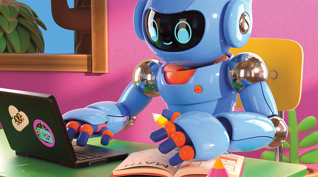 A blue robot sits at a desk with a laptop and an open math book, and holds a pencil