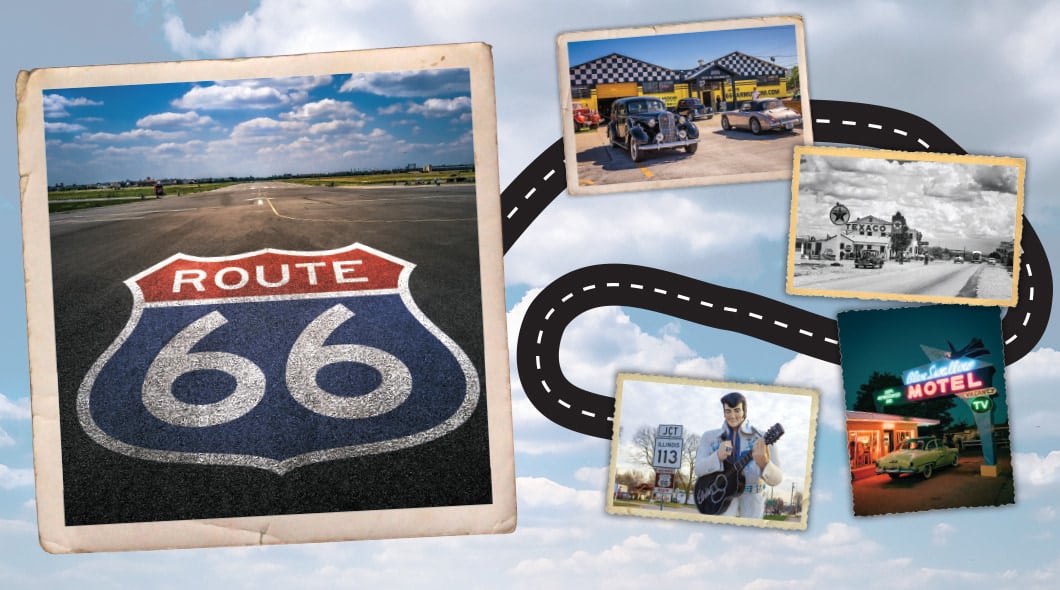 Collage that explores landmarks, roadside stops, and nostalgia along Route 66