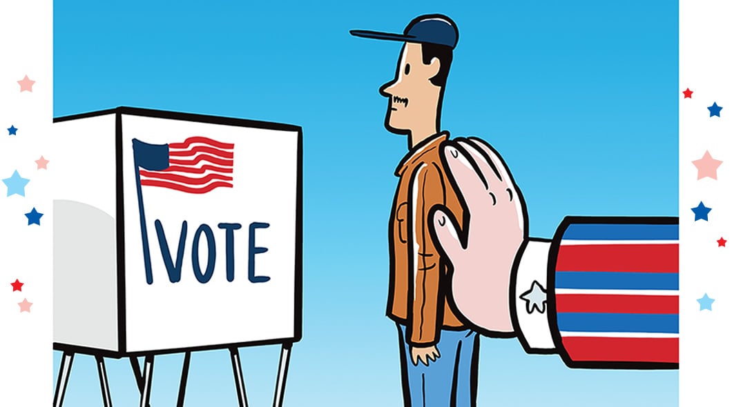 A man stands before a voting booth labeled Vote as a large hand gestures toward him