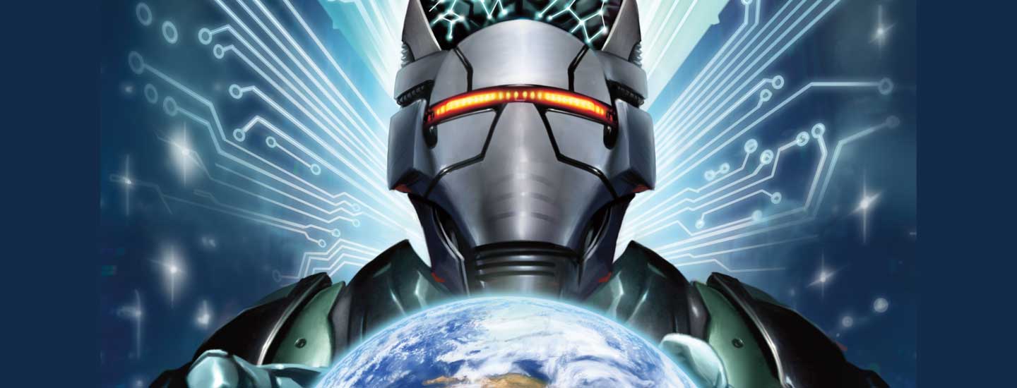A silver robot with glowing red eye slits holds Earth in both hands amid circuit lines & stars