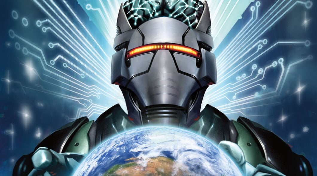 A robot with glowing eyes holds a globe of Earth against a circuit board background