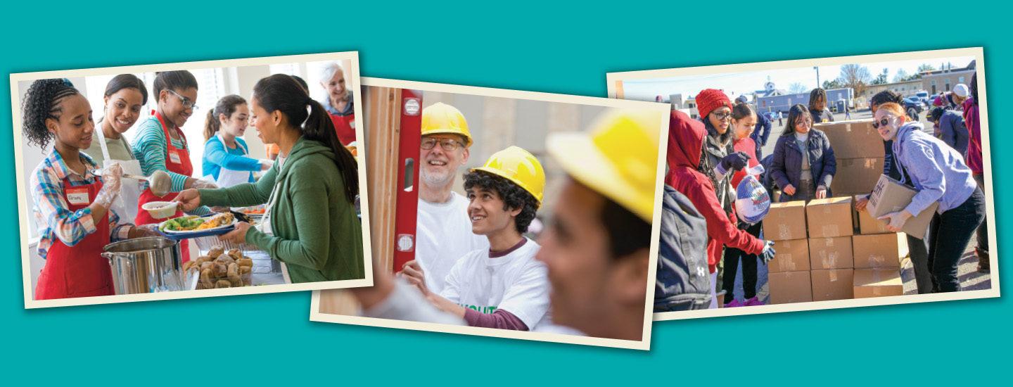 Three photos show community volunteers serving food, working a construction site, and distributing boxes outdoors