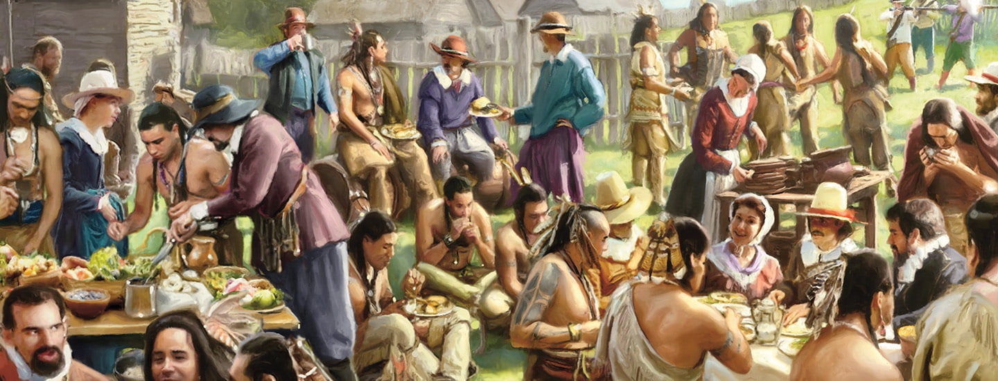 A painting shows Native Americans and colonial settlers share a large outdoor meal together