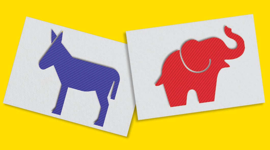 A blue donkey and a red elephant, symbols of the Democratic and Republican parties