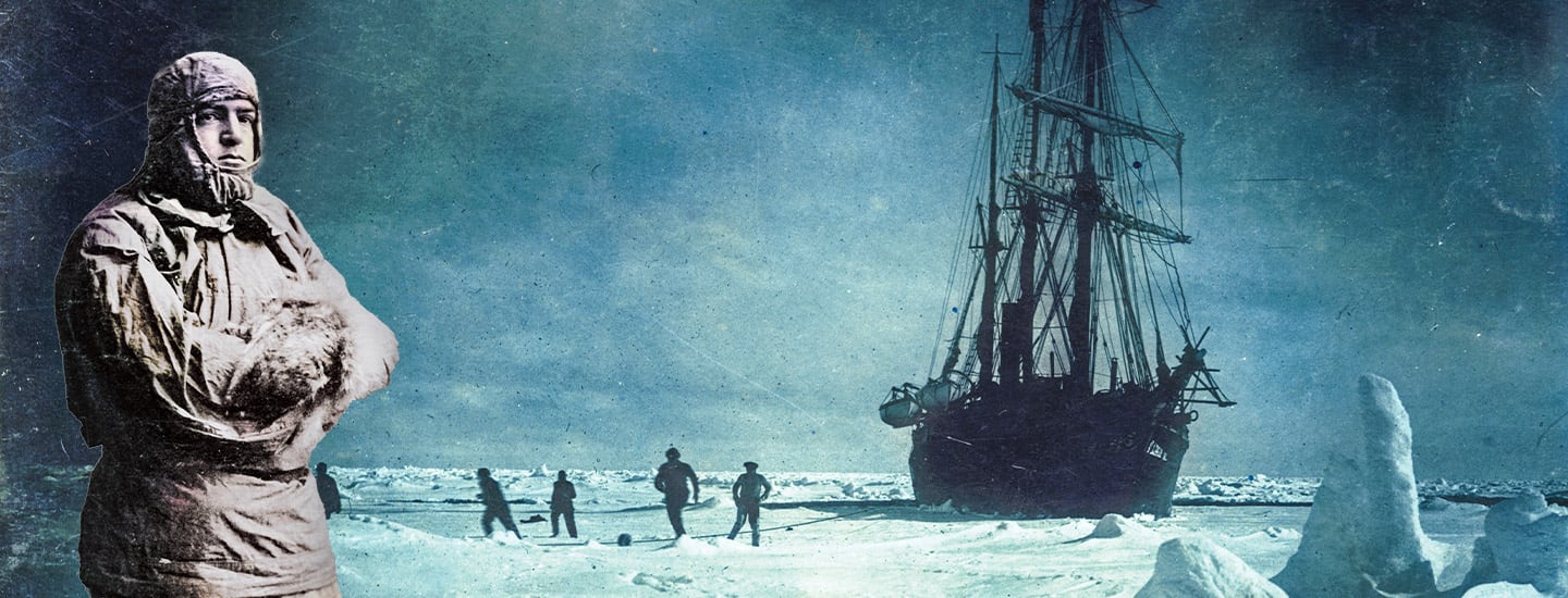 Ernest Shackelton against a backdrop of sailors playing soccer on ice with their ship in distance