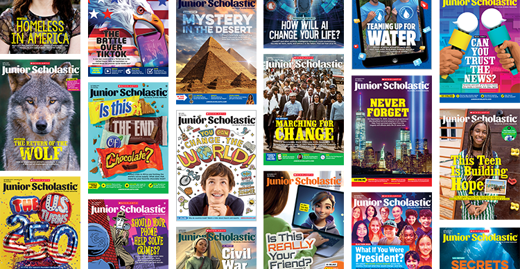 Collage of Junior Scholastic magazine covers featuring news, science, and social studies topics