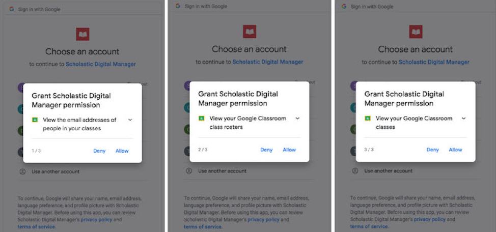 logging in with Google Classroom give Scholastic digital manager permission