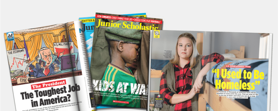 An assortment of Junior Scholastic magazine spreads